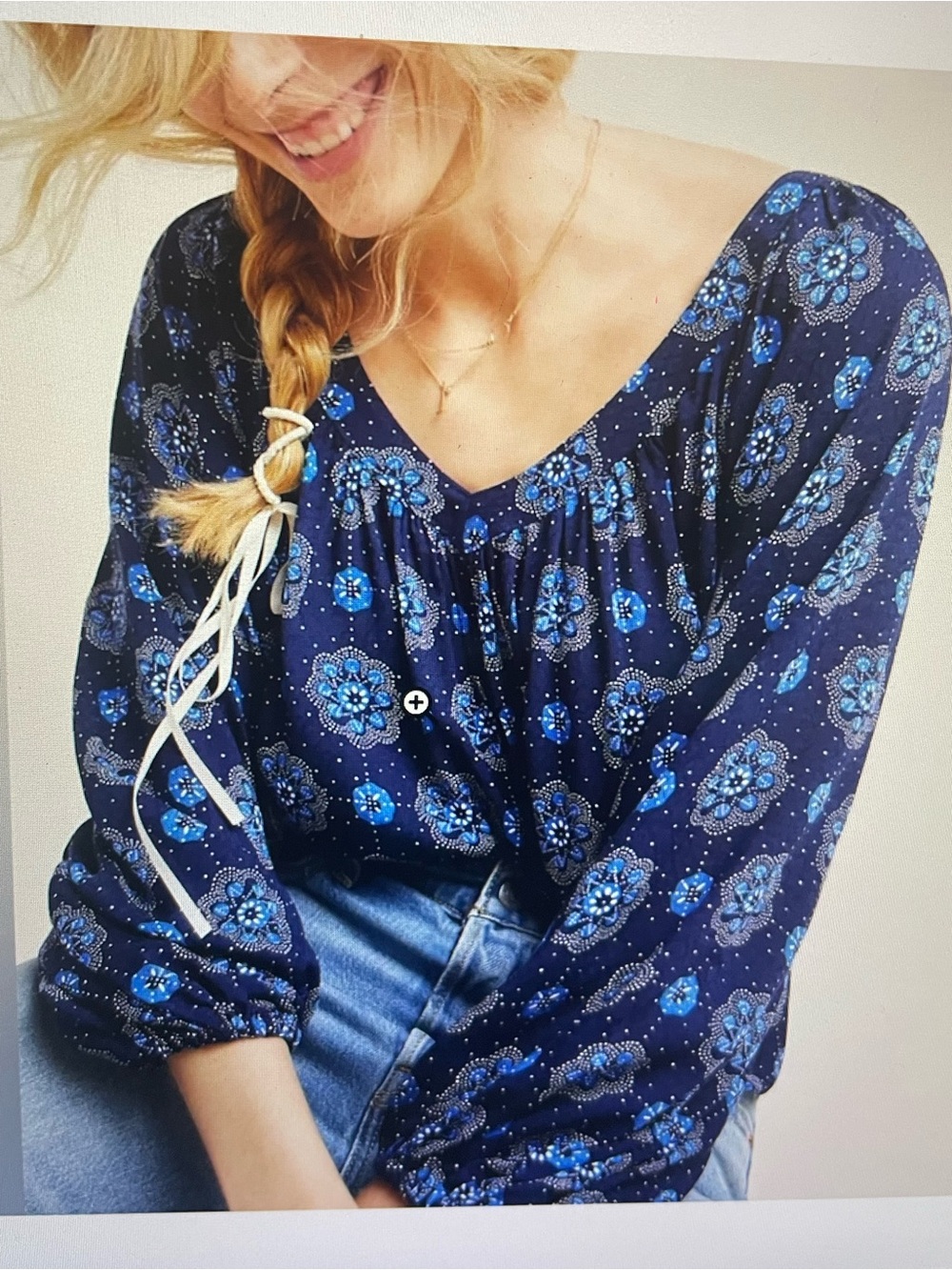 Anthropologie Maeve Navy and Blue Floral V-Neck Peasant Blouse